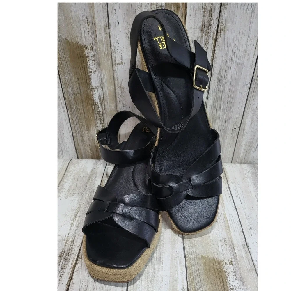 Time and Tru Women Black Espadrille Wedge Sandals Ankle Strap‎ Size 11